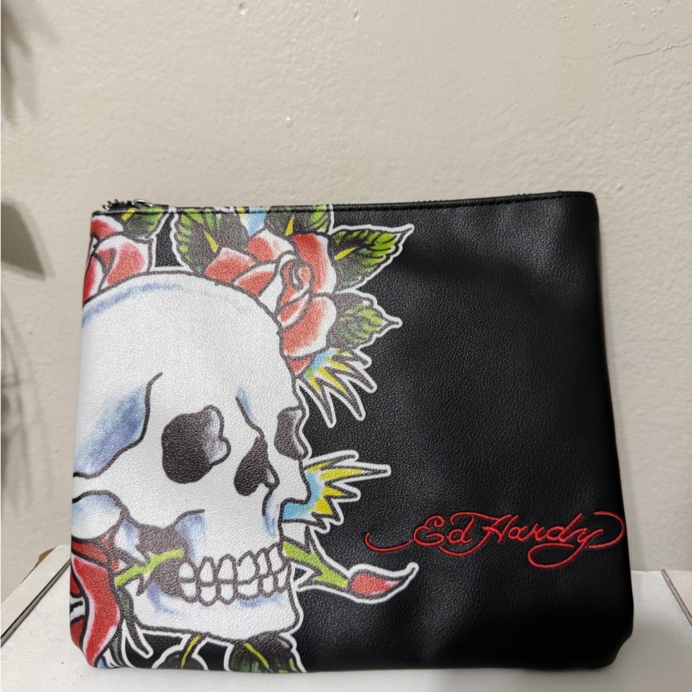 Ed Hardy Black wristlet with Skull and Roses
